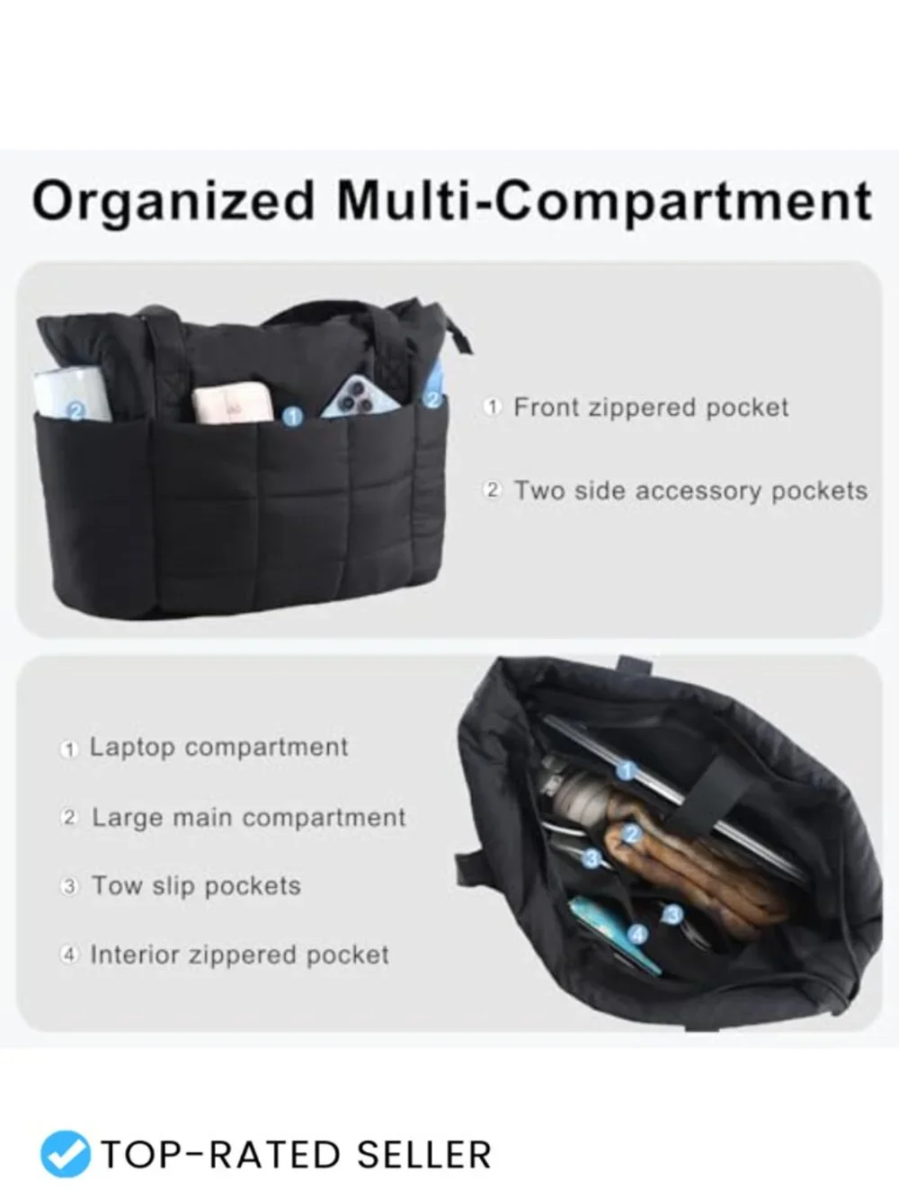 Quilted Puffer Tote Bag with Laptop Compartment and Yoga Mat Strap